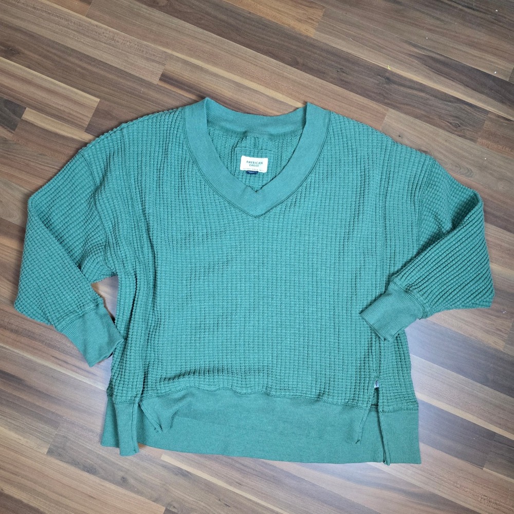 American Eagle Big Hug V-Neck Waffle Sweatshirt Green Women Size XS Oversized